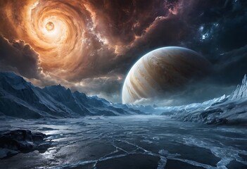 Wall Mural - a massive gas giant with a turbulent atmosphere of swirling, frozen clouds and intricate storm patte