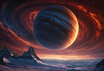 Wall Mural - a massive gas giant with a turbulent atmosphere of swirling, frozen clouds and intricate storm patte