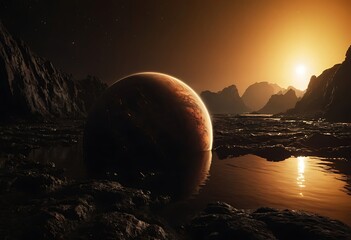 Wall Mural - a planet tidally locked to its star, with one side perpetually bathed in light and the other in eter