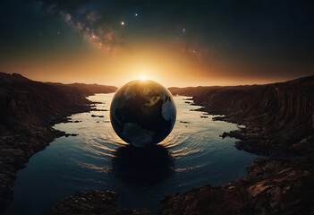 Wall Mural - a planet tidally locked to its star, with one side perpetually bathed in light and the other in eter