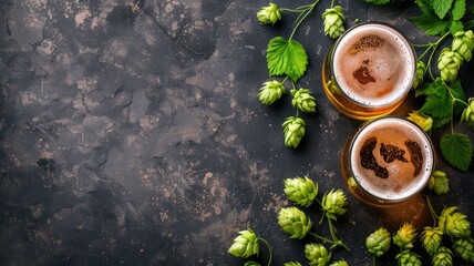 Two beers in glasses on dark textured surface with fresh hops