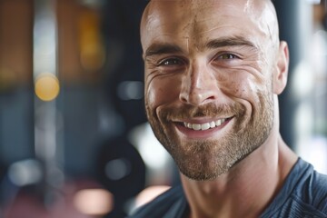 Wall Mural - A fit muscular male personal trainer smiling at the camera in a gym, close up