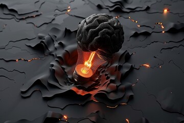 Sticker - Brain lightbulb breaking through a dark background with orange light symbolizing breakthrough ideas and innovation