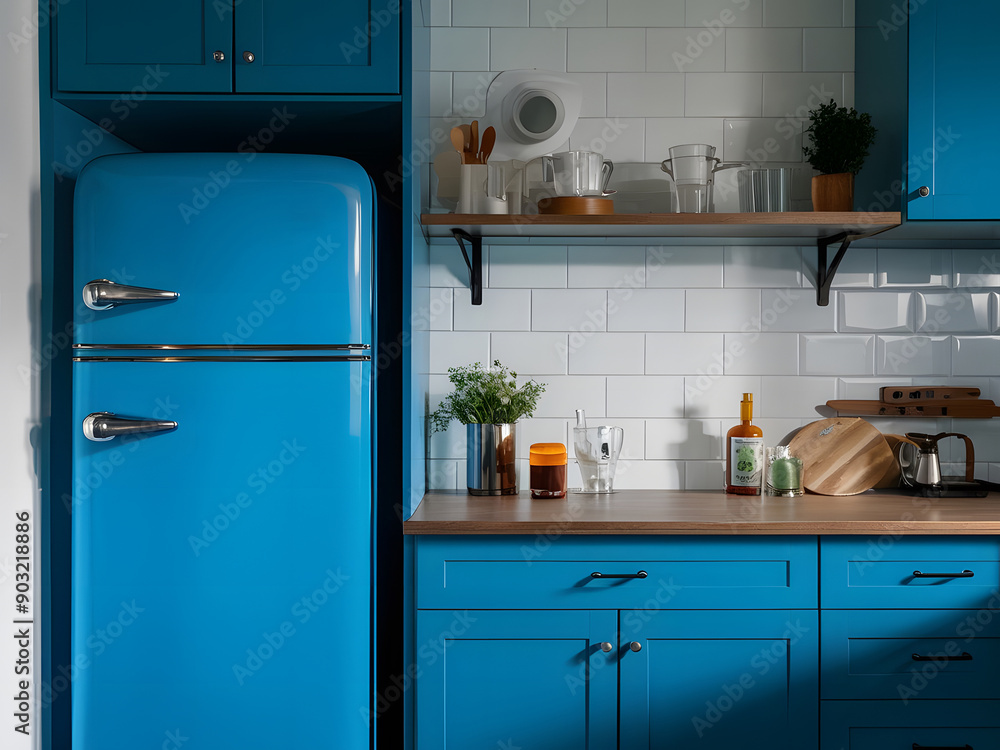 refrigerador azul de acero inoxidable de estilo retro cerca del ...