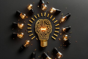 Sticker - Golden brain lightbulb surrounded by smaller illuminated bulbs on a dark background symbolizing intellectual illumination