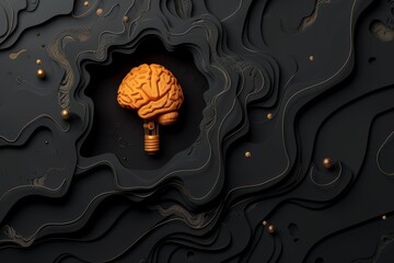 Sticker - Orange brain lightbulb in dark background with abstract patterns symbolizing creative ideas and innovation