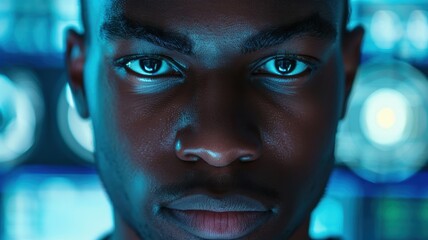 A close-up portrait of a young African male software developer