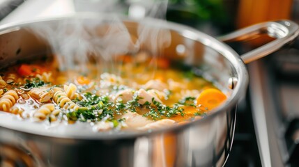 Wall Mural - An appetizing shot of healthy vegetable soup boiling in a stainless steel pan, laden with diverse veggies and fresh herbs, with visible steam rising from the soup.