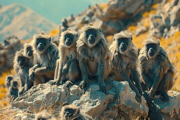 Wall Mural - Group of Baboons on Rocky Outcrop