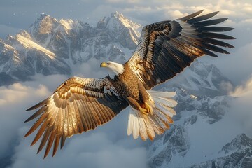 Canvas Print - Majestic Eagle Soaring Above Snow-Capped Mountains