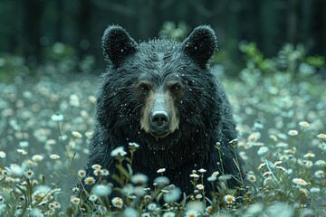 Wall Mural - Black Bear in a Field of Wildflowers