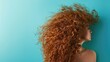 © Tati - Woman with long, curly red hair in profile on blue background
