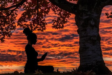 Forgive concept  Silhouette prayer woman pray to God on autumn sunset background