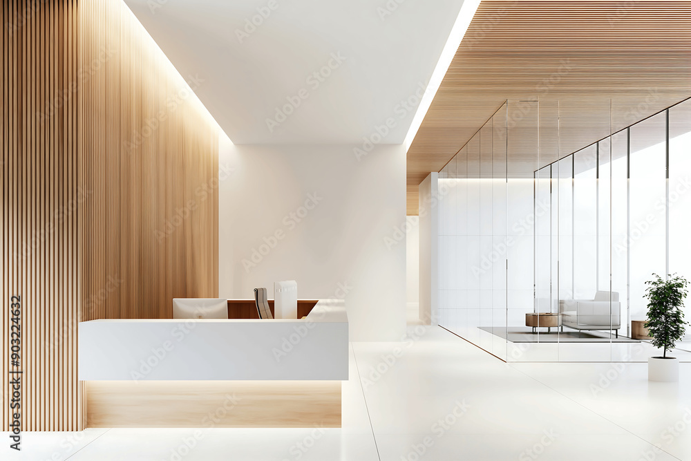 Modern reception area with sleek wooden accents, white counter, and ...