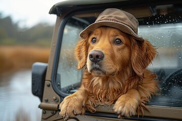 Wall Mural - Golden Retriever in a Hat Looking Out of a Car Window