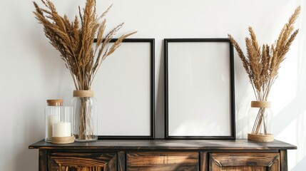 Wall Mural - Black frame template for images or text frames on table