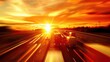 © Alona - Traffic Highway. Busy Road with Cars and Trucks under Golden Sunset Sky