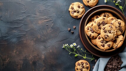 Wall Mural - Chocolate chip cookies on dark textured surface with flowers