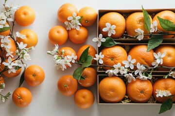 Wall Mural - Boxes with fresh oranges and blooming branches on white background with space for text