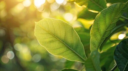 Poster - Nature closeup view of jackfruit leaf with sunlight as background concept