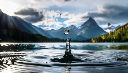 Wall Mural - a drop of water falling into the lake water close up with a splash against the background of mountains with dark clouds