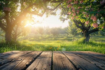 Wall Mural - wooden podium displays products in nature farm setting.