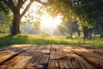 Wall Mural - wooden podium displays products in nature farm setting.