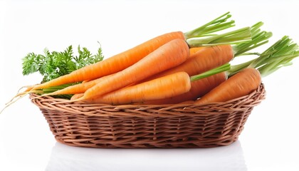 Wall Mural - fresh orange carrots in a wicker basket isolated on white background