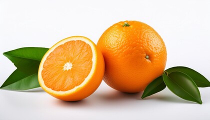 Canvas Print - fresh orange citrus fruit with leaves on white background