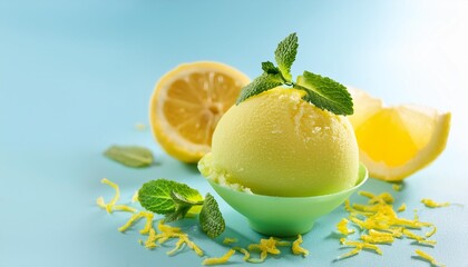 Wall Mural - lemon and mint sorbet with lemon zest on a light blue background