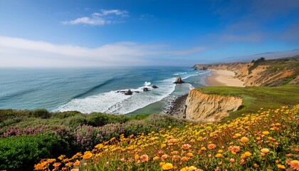 Wall Mural - a view of the pacific ocean from a wildflower covered cliff overlooking rockaway beach in pacifica california