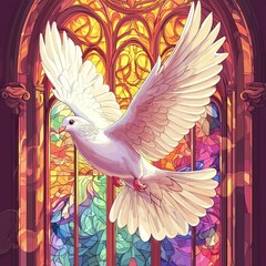 white dove symbol flying front colored window of church