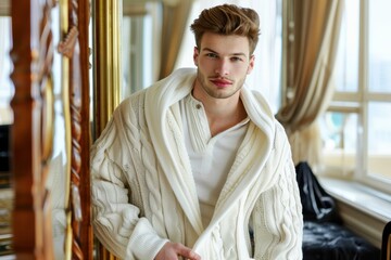 Canvas Print - Fashion model in white cardigan showcasing mens beauty and hair styling.