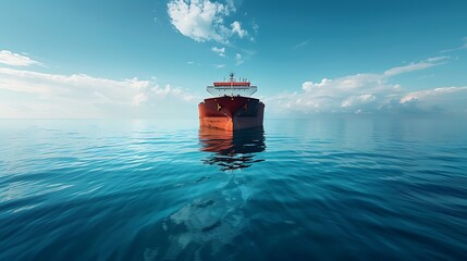 A large cargo ship peacefully floats on calm blue waters under a bright sky, reflecting the tranquility of the nautical environment. 