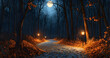 © EliteStockPhotos - cobblestone path in serene moonlit forest, enchanting autumn scene with glowing lanterns, vibrant orange foliage, perfect for wellness branding, romantic escapades, seasonal marketing, tranquility,...