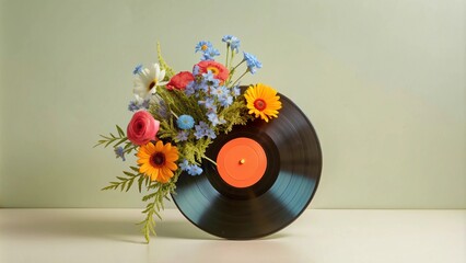 Musical record with flowers, studio photo