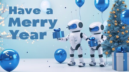 Logistic robots exchanging gifts at a New Year party near a tree and blue balloons, 