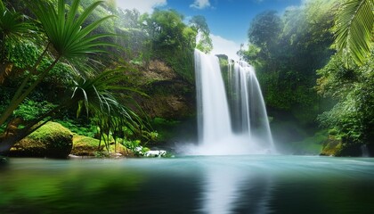 Wall Mural - detailed illustration majestic waterfall and green jungles natural landscape scenery of wild nature