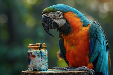 A Blue and Gold Macaw Looking at a Paint Jar