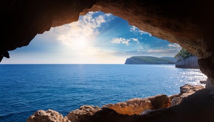 Poster - scenic view of sea against sky through a cave