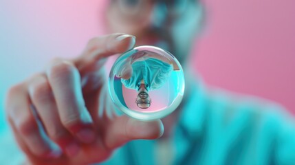 A person holds a glass sphere, showcasing a miniature world within. The image is bathed in soft pink and blue lighting, creating a surreal and abstract visual.