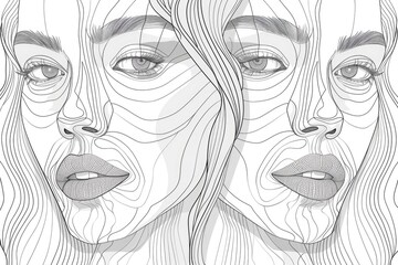 Wall Mural - Continuous line drawing of beautiful womens faces with abstract shapes