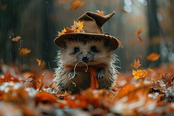 Poster - Hedgehog in a Hat, Autumn Rain