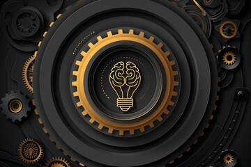 Canvas Print - Golden gear and brain lightbulb in a mechanical design symbolizing intellectual creativity and innovation