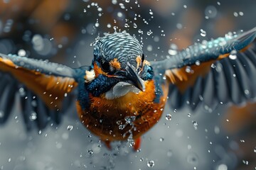 Canvas Print - Kingfisher In Flight Splashing Water