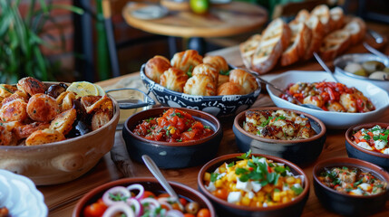 Colorful Spanish tapas spread with patatas bravas, croquettes, salads, and bread. Variety of small dishes in ceramic bowls on wooden table. Vibrant Mediterranean feast.