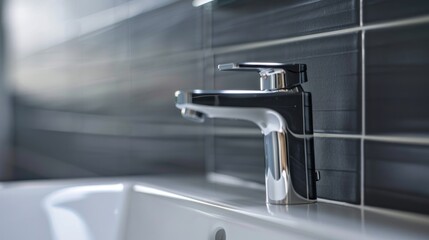 A closeup of a sleek chrome faucet against a dark tiled wall