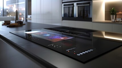 A closeup of a modern kitchen countertop featuring a futuristic stovetop with a cityscape displayed on its digital screen