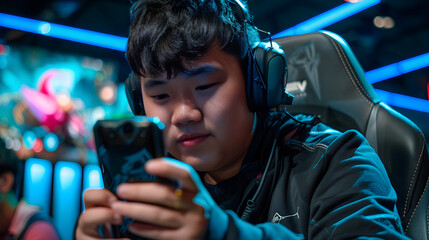 Wall Mural - player using a smartphone for mobile esports tournament, focused and competitive in the game.