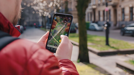 Wall Mural - a person plays a mobile game involving augmented reality in a city setting outdoors.